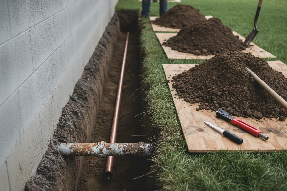 Excavated water line trench during Water Heater Repair in Preston